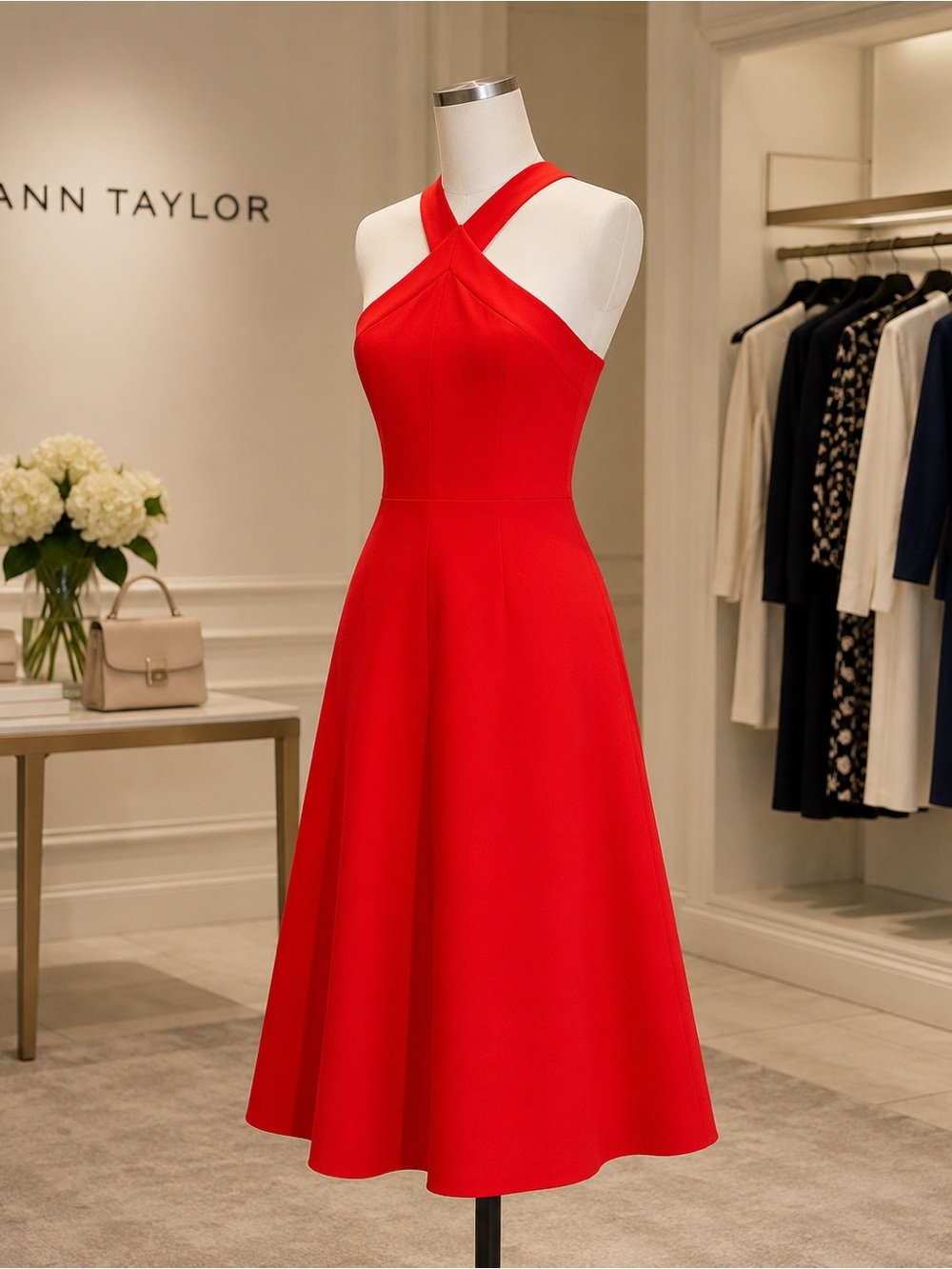 Ann Taylor 8P Red Crisscross Halter Dress NWOT Petite Fit & Flare